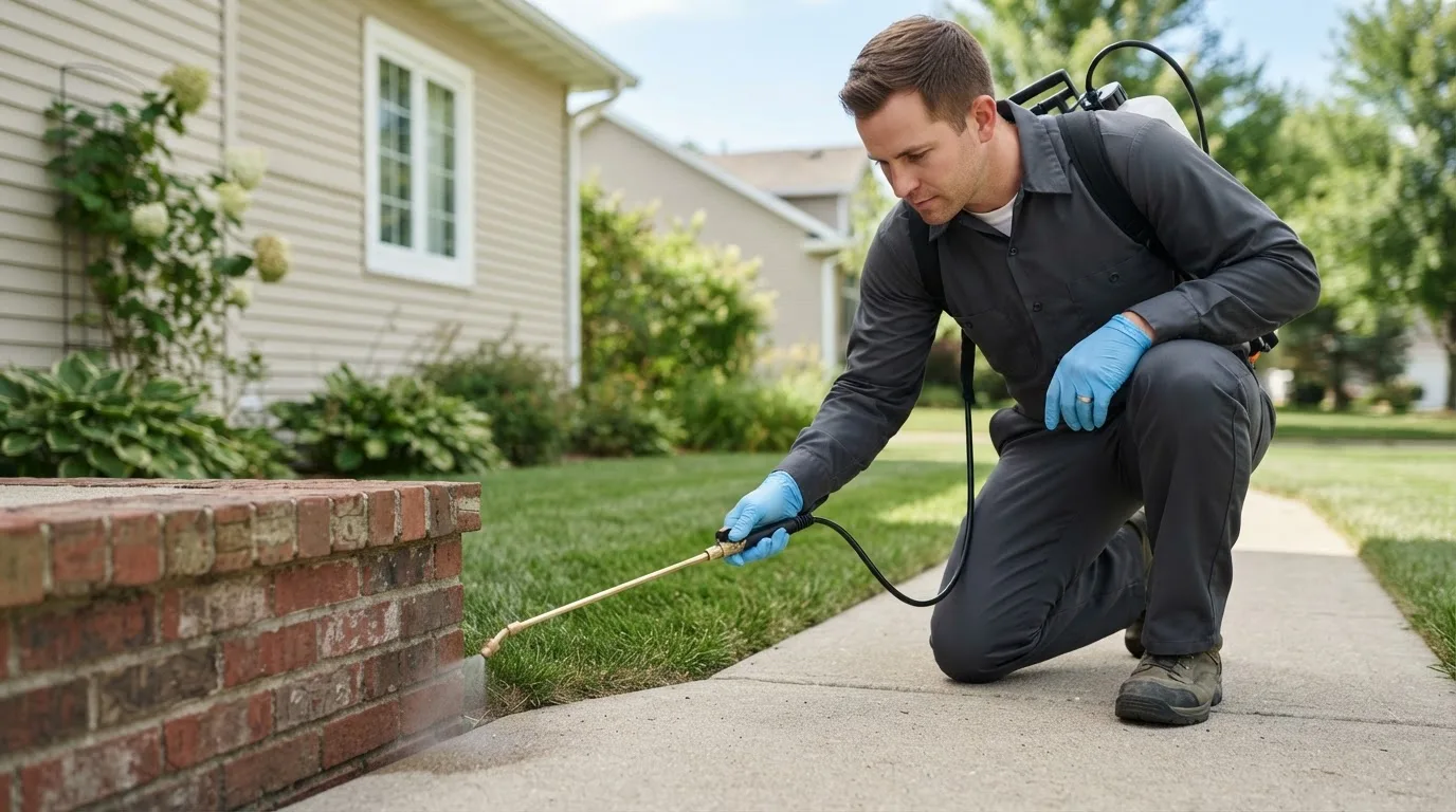 Pest control technician treating a home near Kingsley, PA